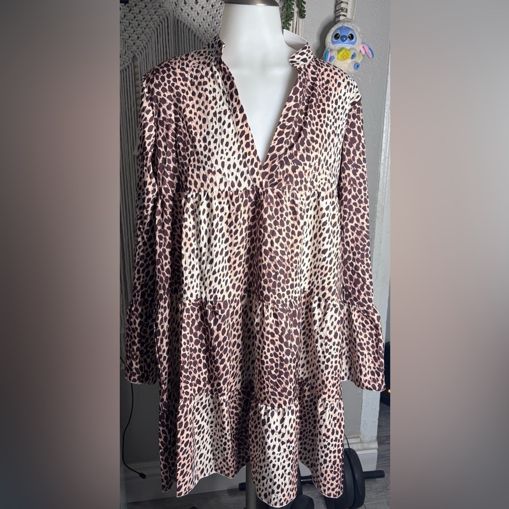 Chic Leopard Print long sleeve Tiered ruffle hem dress